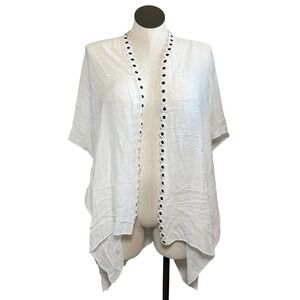 White Viscose Kimono Swim Coverup Daisy Floral Trim Open Front One Size